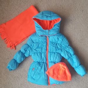 Pink Platinum Blue Coat with Fleece Hat and Scarf